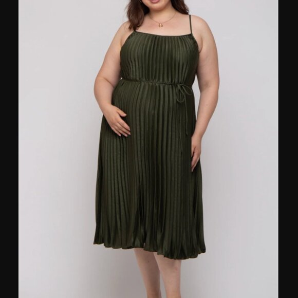 Forest Green Pleated Sleeveless Waist Tie Maternity Plus Maxi Dress Pink Blush - Picture 5 of 5
